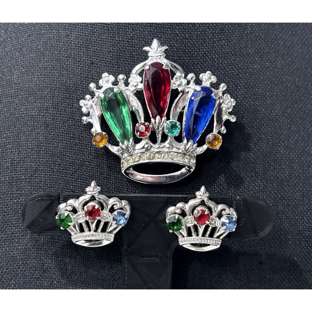 Vintage Sterling Silver Crown Brooch Earrings Set Glass Rhinestone Screw Back